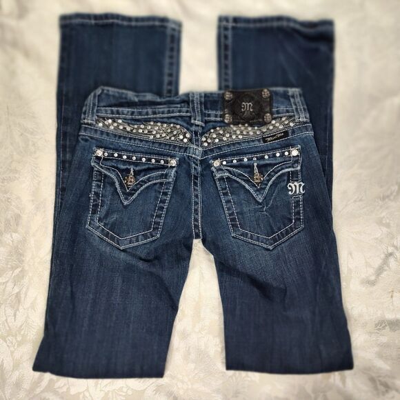 Miss Me Jeans Womens 26 Bootcut Lowrise Rhinestone Embellished Stretchy - Picture 1 of 10